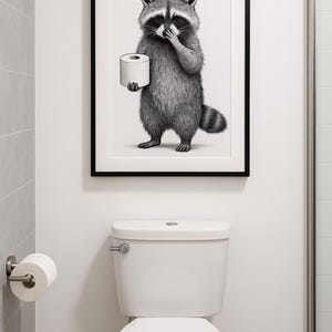 Raccoon poster, bathroom decoration, funny wall art, toilet art, animal poster raccoon, toilet paper picture, guest toilet humor, toilet paper wall art,