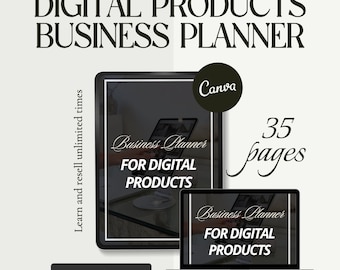 Könnte beinhalten: Ein digitaler Businessplaner für digitale Produkte mit dem Text "Digital Products Business Planner". Das Bild zeigt ein Tablet und einen Laptop, die beide die Benutzeroberfläche des Planers anzeigen. Der Planer hat 35 Seiten und ist für Canva konzipiert.