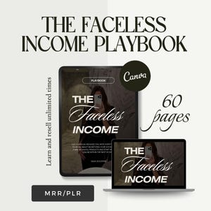 Może przedstawiać: Cyfrowy podręcznik zatytułowany "The Faceless Income Playbook" wyświetlany na tablecie i laptopie. Okładka zawiera tytuł w eleganckiej czcionce. Obraz zawiera logo Canva, tekst "60 stron" i tekst "Learn and resell unlimited times."