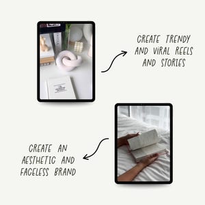 K&ouml;nnte beinhalten: Zwei digitale Tablets zeigen Bilder. Eines zeigt einen wei&szlig;en Schreibtisch mit einer rosa Knotenskulptur, einem Buch und Dekoration. Das andere zeigt eine Person, die im Bett ein Buch h&auml;lt. Der Text lautet: "Erstelle trendige und virale Reels und Stories" und "Erstelle eine &auml;sthetische und gesichtslose Marke."