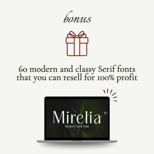 K&ouml;nnte beinhalten: Ein Laptop zeigt das Wort "Mirelia" in Wei&szlig;, eine moderne Serifenschrift, vor einem dunkelgr&uuml;nen Hintergrund. Das Bild enth&auml;lt den Text "60 moderne und edle Serifenschriften, die Sie mit 100% Gewinn weiterverkaufen k&ouml;nnen" und eine Geschenkbox-Illustration.