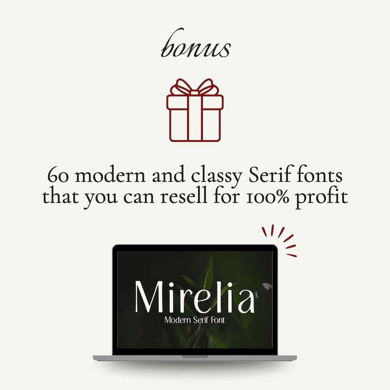 K&ouml;nnte beinhalten: Ein Laptop zeigt das Wort "Mirelia" in Wei&szlig;, eine moderne Serifenschrift, vor einem dunkelgr&uuml;nen Hintergrund. Das Bild enth&auml;lt den Text "60 moderne und edle Serifenschriften, die Sie mit 100% Gewinn weiterverkaufen k&ouml;nnen" und eine Geschenkbox-Illustration.