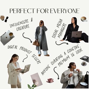 K&ouml;nnte beinhalten: Ein Bild mit dem Text "PERFECT FOR EVERYONE" und Illustrationen von Personen, die Laptops benutzen, Kaffeetassen halten und Fotos machen. Das Bild enth&auml;lt den Text "INFLUENCERS & CREATORS", "DIGITAL PRODUCT SELLERS", "SOCIAL MEDIA MANAGERS" und "ANYONE CURATING A COHESIVE, PREMIUM IG LOOK".