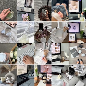 K&ouml;nnte beinhalten: Eine Collage von Lifestyle-Bildern mit einer Vielzahl von Objekten. Enth&auml;lt ein Matcha-Getr&auml;nk, ein Telefon, einen Spiegel, eine Handtasche, einen Computer, Kopfh&ouml;rer, Hautpflegeprodukte, Make-up, einen Laptop, Blumen, eine Tastatur, ein Notizbuch, eine Kaffeetasse, eine Kerze und ein Buch.