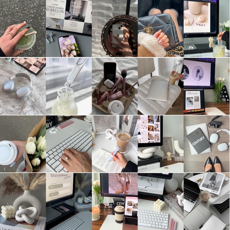 K&ouml;nnte beinhalten: Eine Collage von Lifestyle-Bildern mit einer Vielzahl von Objekten. Enth&auml;lt ein Matcha-Getr&auml;nk, ein Telefon, einen Spiegel, eine Handtasche, einen Computer, Kopfh&ouml;rer, Hautpflegeprodukte, Make-up, einen Laptop, Blumen, eine Tastatur, ein Notizbuch, eine Kaffeetasse, eine Kerze und ein Buch.