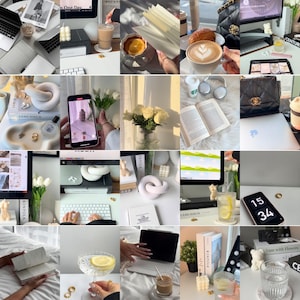 K&ouml;nnte beinhalten: Eine Collage von Lifestyle-Bildern mit verschiedenen Objekten. Enth&auml;lt einen Laptop, B&uuml;cher, ein Telefon, Kaffee, ein Croissant, eine Handtasche, Blumen, Kerzen und ein Glas Wasser mit Zitrone. Die Bilder haben eine saubere, minimalistische &Auml;sthetik.