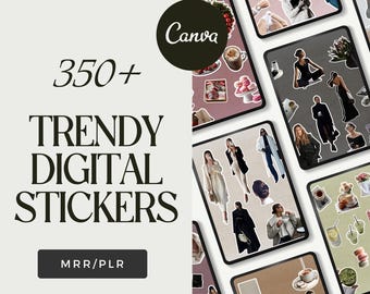 Könnte beinhalten: Ein Bild, das digitale Sticker bewirbt. Der Text lautet "350+ Trendige digitale Sticker" mit dem Canva-Logo. Der Hintergrund zeigt digitale Sticker-Designs auf Tablets, die Mode- und Lifestyle-Themen zeigen.