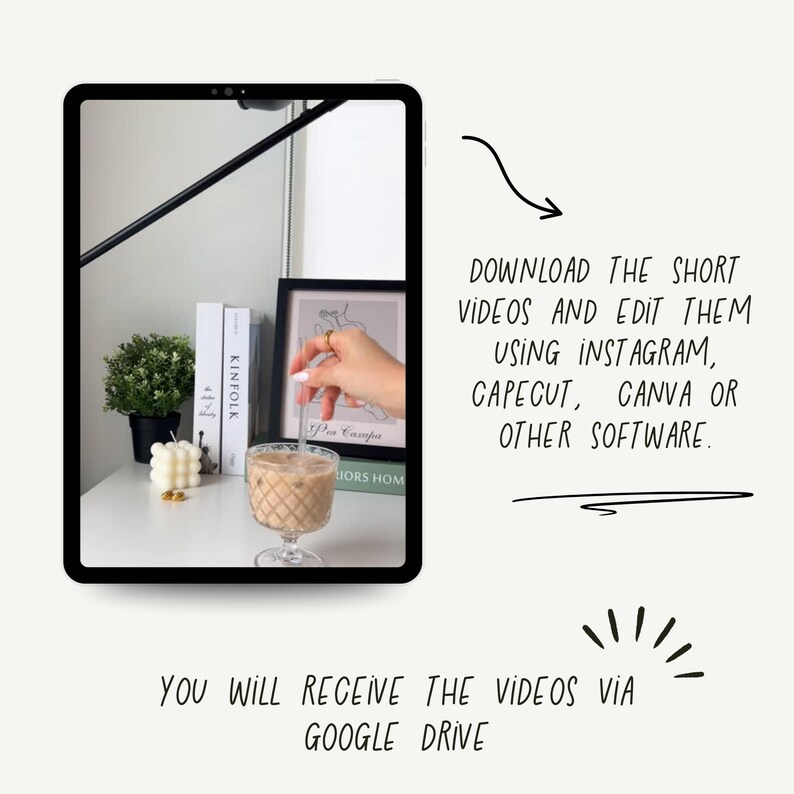 K&ouml;nnte beinhalten: Ein digitaler Tablet-PC zeigt eine stilisierte Szene mit einer Kerze, B&uuml;chern und einem Getr&auml;nk. Der Text auf dem Bild lautet: "LADEN SIE DIE KURZVIDEOS HERUNTER UND BEARBEITEN SIE SIE MIT INSTAGRAM, CAPECUT, CANVA ODER ANDERER SOFTWARE. SIE ERHALTEN DIE VIDEOS &Uuml;BER GOOGLE DRIVE."