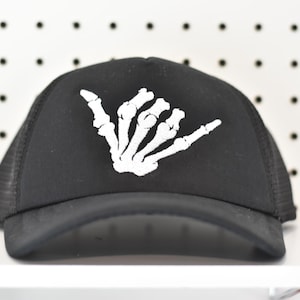 Embroidered Skeleton Hand Trucker Hat - Spooky Halloween Black Hat