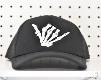 Embroidered Skeleton Hand Trucker Hat - Spooky Halloween Black Hat