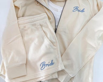 Embroidered Bride Zip Hoodie and Shorts or Sweats Set | Wedding Party Loungewear