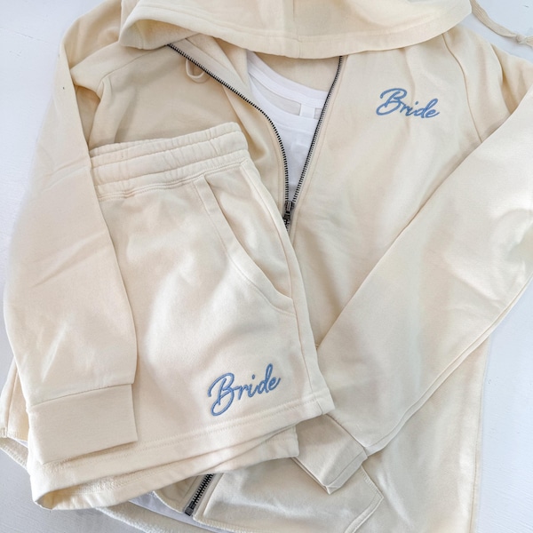 Embroidered Bride Zip Hoodie and Shorts or Sweats Set | Wedding Party Loungewear