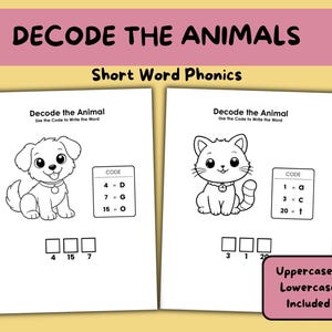 Kindergarten Decoding Worksheets | Animal Number Code Puzzles | Short Word Phonics Activity | Upper and Lowercase | Printable Reading Game