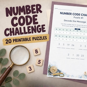 May include: A printable Number Code Challenge puzzle sheet featuring a letter-to-number key, a secret message to decode, and illustrations of a calculator, magnifying glass, and ruler. Includes wooden number tiles, a magnifying glass, and a pencil.