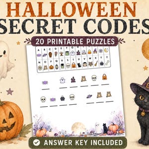 May include: A set of 20 printable Halloween secret code puzzles featuring a cipher key with icons for each letter of the alphabet. The page includes lines for decoding messages using symbols like ghosts, pumpkins, and skulls. An answer key is included.