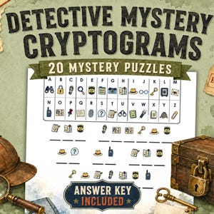 May include: Detective Mystery Cryptograms 20 Mystery Puzzles activity sheet featuring a letter-to-icon cipher key, detective-themed illustrations including a deerstalker hat, magnifying glass, and wooden chest with a brass padlock and key.