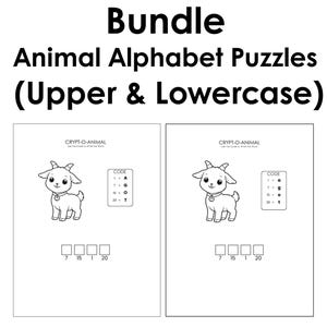 Könnte beinhalten: Ein schwarz-weißes, druckbares Zahlen-Code-Bundle mit Tieralphabet-Rätseln. Der Titel lautet "Number Code Bundle Animal Alphabet Puzzles (Upper & Lowercase)". Die Seiten zeigen eine Ziegenillustration und einen Code zum Schreiben des Wortes.