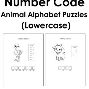 Könnte beinhalten: Schwarz-Weiß-Druckseiten mit dem Titel "Number Code Animal Alphabet Puzzles (Lowercase)". Die Seiten zeigen Tierillustrationen und Zahlen-zu-Buchstaben-Code-Rätsel. Der Text "26 Printable Pages" befindet sich unten.