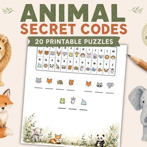 Op de afbeelding: Een printbaar puzzelblad getiteld ANIMAL SECRET CODES met 20 puzzels en een antwoordsleutel. De pagina bevat een letter-naar-dier code, lijnen om codes op te lossen en aquarelillustraties van een leeuw, vos en olifant.