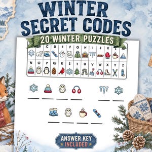 Könnte beinhalten: Ein Winter Secret Codes Arbeitsblatt mit 20 Winterrätseln und einem Buchstaben-Symbol-Schlüssel. Das Raster zeigt Buchstaben des Alphabets, die mit farbenfrohen winterlichen Illustrationen kombiniert sind, inklusive eines beigefügten Lösungsschlüssels.