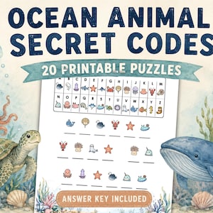 Op de afbeelding: Een printbaar puzzelblad getiteld OCEAN ANIMAL SECRET CODES met 20 printbare puzzels en een antwoordsleutel. De pagina bevat een codeersleutel die letters A tot Z koppelt aan kleurrijke zeedier-iconen, met rijen iconen om te ontcijferen.