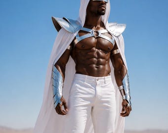 Dune Warrior Outfit - Silver Leather Top & Shoulders, Futuristic Male Armor Set, Chrome Rave Clothing