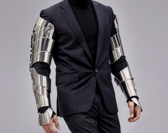 Men's Cyborg Arms Outfit - Silver Leather Arm Covers, Metallic Cyber Punk Wear, Futuristic Robot Armor Set