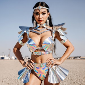Holographic Rave Outfit - Festival Costume for Women, irradiant Leather Clothing, Futuristic Female Armor Set, Stage Top Shoulders Skirt