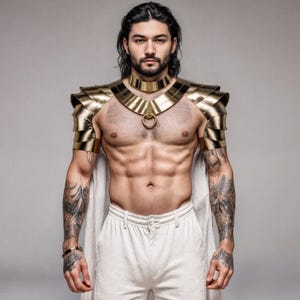 May include: A metallic gold shoulder armor piece featuring layered plates and a matching choker collar with a central ring detail. The armor extends over the shoulders and upper arms, paired with a long white cape and plain white trousers.