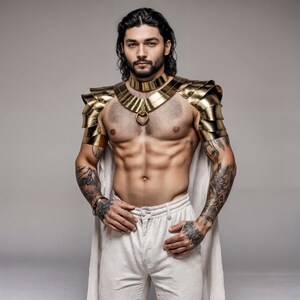 May include: A metallic gold shoulder armor piece with layered plates and a matching choker collar featuring a central ring detail. The armor covers the shoulders and upper chest, paired with a white cape and white trousers.