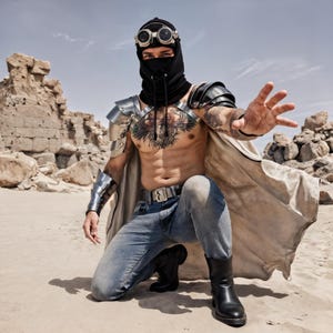 Desert Warrior Outfit - Metallic Festival Costume for Women, Apocalyptic Leather Shoulder & Bracelet, Futuristic Male Armor Set