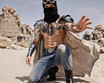 Traje de guerrero del desierto - Disfraz de festival metálico para mujer, hombrera y brazalete de cuero apocalíptico, conjunto de armadura futurista masculina