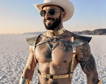 Men's Festival Fashion Outfit - Gold Metallic Chest Harness, Leather Top & Shoulders, Futuristic Male Armor Set, Unique Rave Clothing