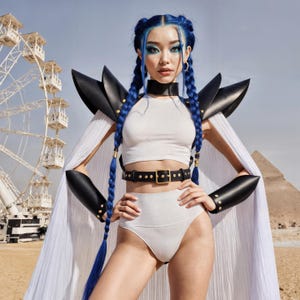 Rave Queen Outfit of Black Leather - Festival Costume for Women, Harness Top with Shoulders, Female Armor Set, Dune Warrior Costume
