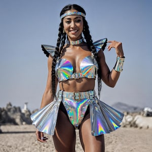 Iridescent Rave Outfit - Holographic Festival Clothing for Women, Shimmering Harness Top & Fringe Skirt, Music Party Costume Set