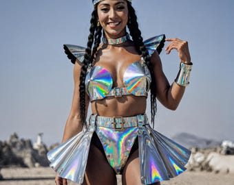 Iriserende rave-outfit - holografische festivalkleding voor dames, glinsterende top met harnas en rok met franje, kostuumset muziekfeest