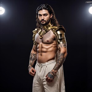 May include: A gold-colored metallic shoulder armor piece with a high collar and layered plates that extend over the shoulders. The armor features a smooth, polished finish and a circular pendant hanging from the center of the collar piece.