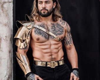 Men's Festival Armor Outfit - Gold Leather Shoulder, Futuristic Warrior Clothing