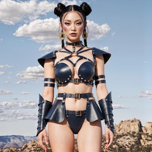 Rave Outfit of Black Leather - Festival Costume for Women, Latex Top with Shoulders, Futuristic Female Armor Set, Dune Warrior Costume