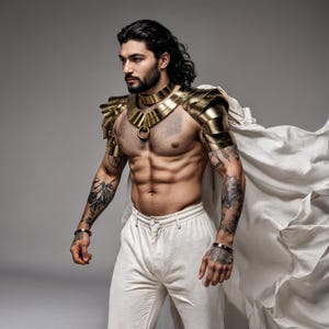 May include: A gold-colored metallic shoulder and neck armor piece featuring layered plates and a central ring detail, worn with white trousers and a flowing white cape. The armor covers the upper chest and shoulders with a structured, reflective finish.