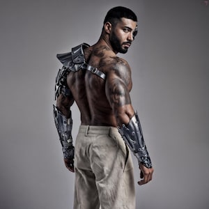 May include: A person wearing silver metal armor on the shoulder and arm, with a matching metal eye piece. The person is wearing tan pants and has tattoos on their arm and back. The background is a solid gray.