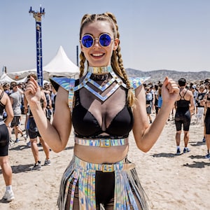 Shimmering Rave Outfit - Holographic Festival Clothing for Women, Iridescent Leather Top Harness & Fringe Skirt, Music Party Costume Set