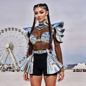 Rave Warrior Outfit - Festival Costume for Women, Holographic Leather Top with Shoulders & Skirt, Futuristic Female Armor Set, Festival Top
