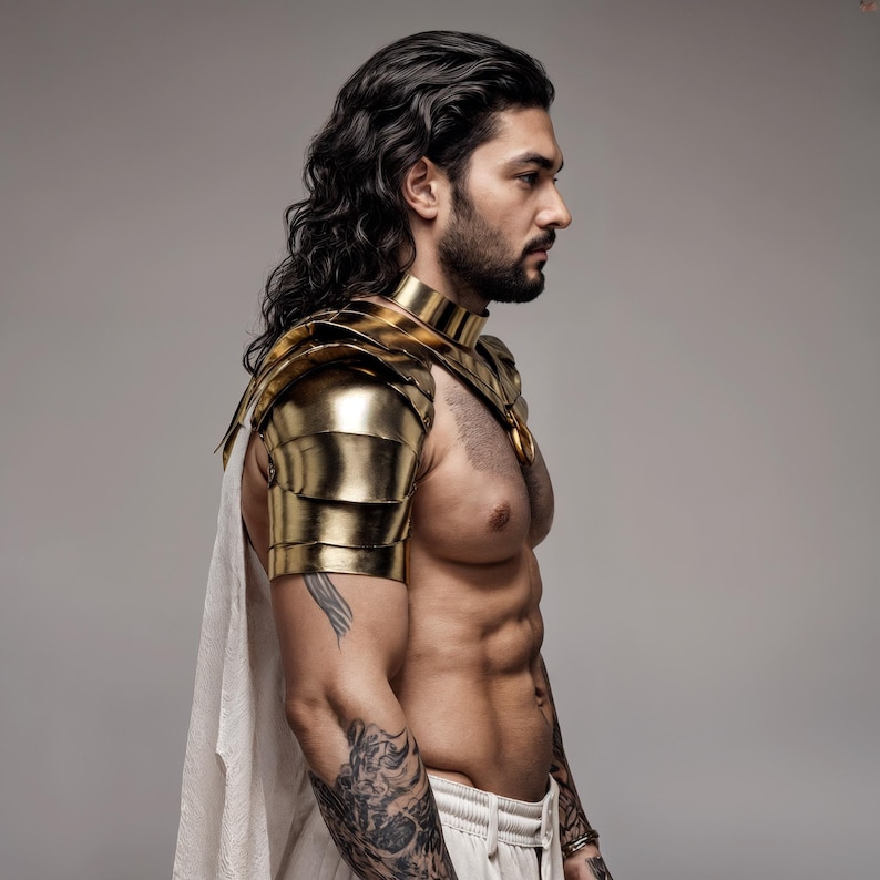 Pharaoh Armor Costume – Golden Warrior Top, Egyptian God Cosplay, Men's Festival Outfit, Gold Leather Shoulders image 3