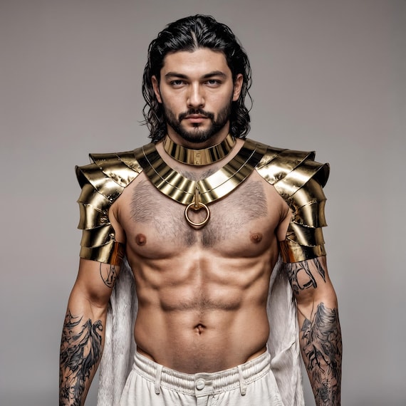 Pharaoh Armor Costume – Golden Warrior Top, Egyptian God Cosplay, Men's Festival Outfit, Gold Leather Shoulders