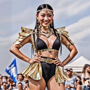 Rave Warrior Outfit - Gold Metallic Festival Costume for Women, Mirror Leather Top with Shoulders & Skirt, Futuristic Female Armor Set