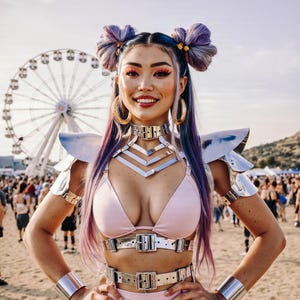 Festival Rave Armor Outfit - Metallic Female Costume Set, Chrome Leather Top with Shoulders, Futuristic Clothing for Women, Music Party Wear