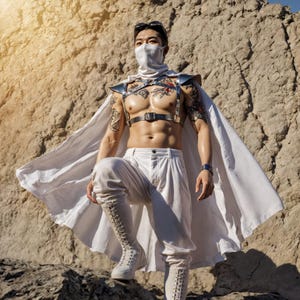 Desert Warrior Outfit - Festival Top for Men, Apocalyptic Leather Shoulders, Futuristic Male Armor, Metallic Divine Costume Harness Chest