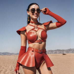 Red Leather Rave Outfit - Festival Costume for Women, Latex Top with Shoulders & Skirt, Futuristic Female Armor Set, Cyber Punk Clothing