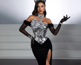 Silver Sculptural Acrylic Corset & Crown Headpiece, Festival Stage Mirror Top